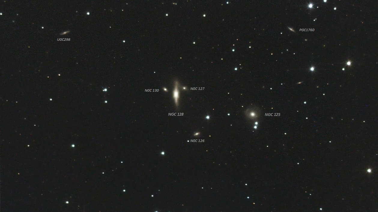 Die NGC 128Galaxiengruppe in den Fischen / Objekte Spektrum der